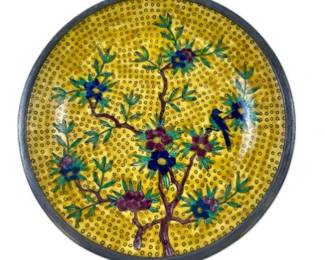 A.C.F. Japanese Porcelain Ware Encased In Pewter Bowl Floral Design 9 6/8 Wide