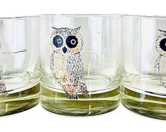 Vintage Owl Low Ball Rocks Old Fashioned Tumbler Cocktail Glasses 24k Gold Couroc - MCM