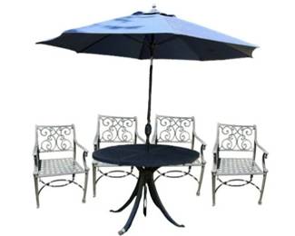 Wrought Iron Table, 4 Chairs, And Sunbrella - Very Nice Set!