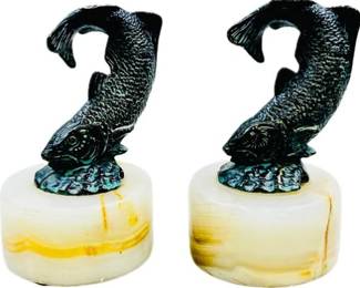 Vintage Bronze Fish With White Marble Base