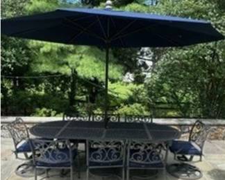 Large Rectangular Wrought Iron Table With Eight Chairs And Umbrella