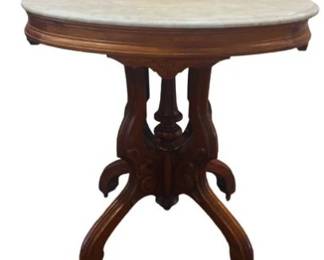 Carved Walnut Pedestal Base Table With Marble Top & Original Brass Casters