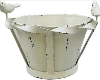 Ivory Metal Painted Planter With Birds
