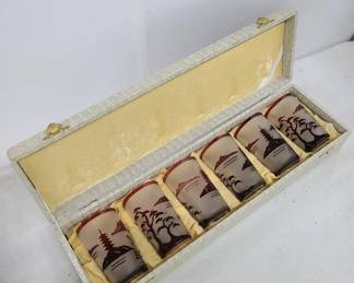 WWII Era Frosted & Red Engraved Glass Set