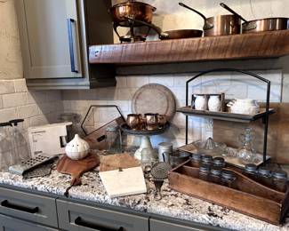 Crate & Barrel Cutting Board,  Italian Ruffoni Heavy Copper Pots with Brass Handles, and many items to choose from