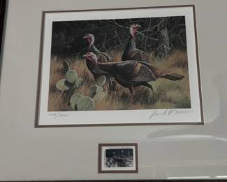1986 Texas Wild Turkey framed print and stamp - by David Maass