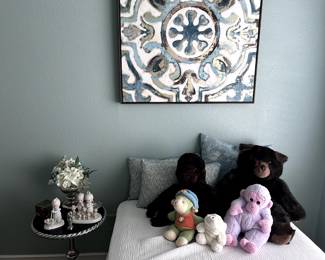 Twin Bed mattress and frame, stuffed toys, Wall Art, and New with Tag Pillows