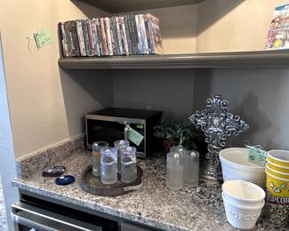DVD's, Decor, Crate & Barrel Popcorn Set, Faberware Microwave.