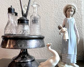 Cruet Set, Etched Glass and Silverplate. Lladro figurines