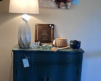 Teal Sideboard/Chest, Lamp, Decor and Wall Art