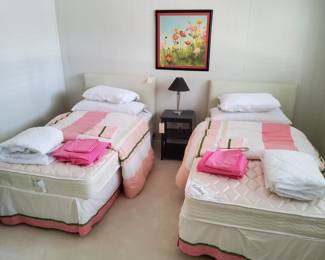 Pair Of Upholstered Twin Beds with Melrose Mattress and Box Springs