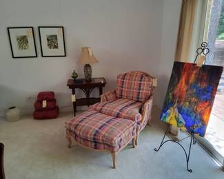 Abstract Stain Glass, Bergere Chair and Ottoman, Antiques Chinese Lamp