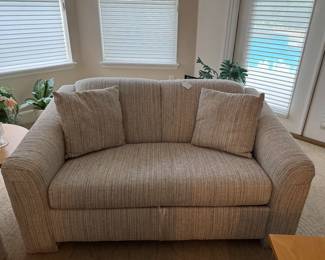 Like new! A pair of sleeper sofas in neutral fabric.