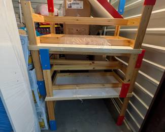 Durable Child-Sized Wooden Activity Tables (Qty: 5 Available): A fantastic set of sturdy, high-quality wooden activity tables, each approximately 2 feet tall x 3 feet long x 2 feet deep. Featuring durable construction with colorful (red & blue) accents, these tables are perfect for various learning stations, art projects, group activities, or mealtimes in a preschool, homeschool, or child's playroom.