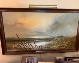 47" Oil Painting Canvas Signed H. Gailey Seascape Lone Boat Seagulls Far Shore 