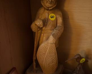 Vintage Caron Hand Carved Wood Sculpture, Old Man Hunter with Snowshoes
