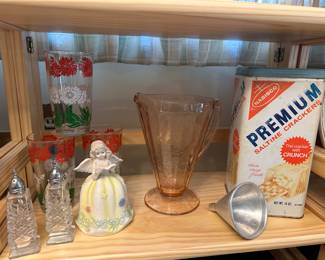 Depression Glass Pitcher, Saltine Tin