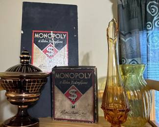 Vintage Monopoly, Amber Swung Vase, Bohemian bonbonnière