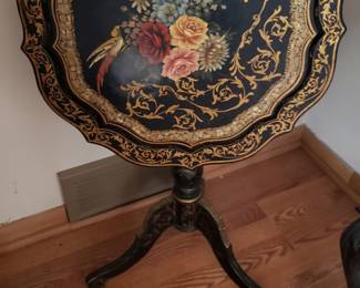 Paper mache, hand painted, mother of pearl inlaid flip-top table.