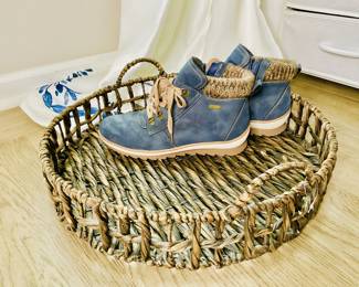Eddie Marc Jaclyn waterproof boots along side woven 2 handle basket