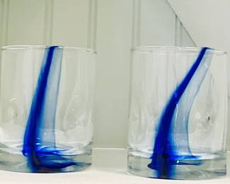 Mid-century Libbey Crisa Cobalt Blue Ribbon Swirl glasses.