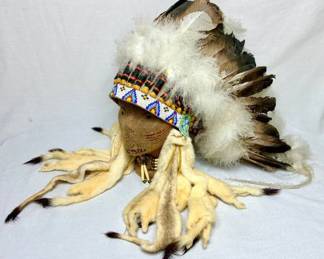Native American Feathered and Beaded Headdress plus Vintage Native American Beaded Choker Necklace