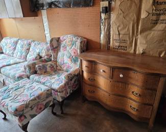 Antique dresser, couch and matching high back chair with ottoman.