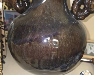 Double glazed or twice fired Unique design on a large two handled ceramic Vase  $150