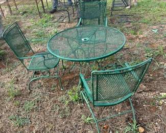 WROUGHT IRON TABLE, 3 CHAIRS UMBRELLA BASE