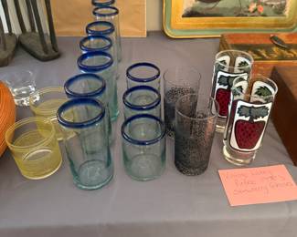 Libby 1990 Vintage Strawberry Glasses and Blue Blown Glasses