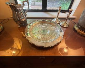 Silver plate tray, pitcher and candlesticks