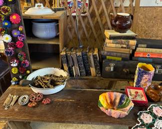 old books, doilies, old porcelain and wooden potty chair , crocks and handmade pottery