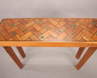 Ken Lindstrom custom parquetry table with inlaid malachite- signed on bottom