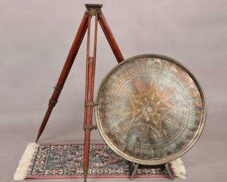 Antique camera/ survey tripod stand with large Qjar pierced metal tray