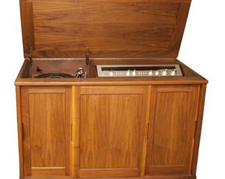 Custum built Koa Wood cabinet with Rotel Receiver and Turntable