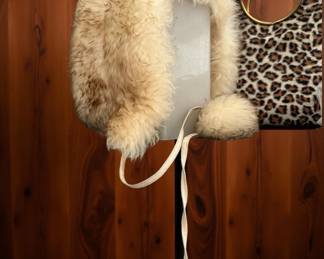 Vintage 1970 Lamb Fur Bonnet Hat with Pompoms
