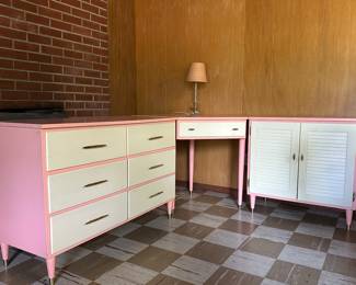Vintage 3 piece Pink &  white dresser, corner desk, and cupboard 