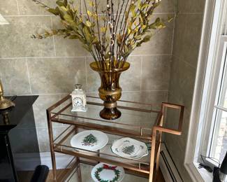 Copper Color Tea / Bar Cart, Dishes, Floral Arrangement