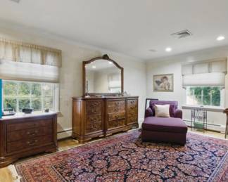 Pair of 3 Drawer Nightstands, Dresser w/ Mirror,, Chaise, Oriental Carpet (Dismantled & Moved To Ground Level For Easy Removal)