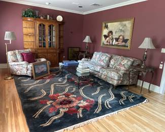 Beautiful Ethan Allen Sofa and Chair, Pair of Side Tables, Pair of Lamps, Wall Unit, Pictures, Carpet