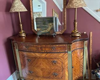 Antique Chest, Mirror, Pair of Lamps, Decorative Box
