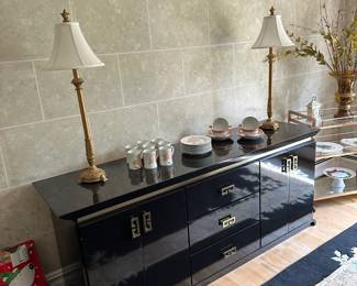 Black Lacquered Asian Server, Pair of Lamps