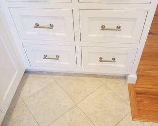 Amish-built custom cabinetry is white; full wood box construction with self-closing doors & cabinets