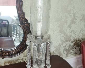 Pair of buffet lamps with large hanging prisms