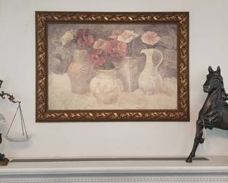 Metal horse figure, scales, and floral picture