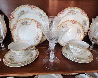 Esco china set with 12 place settings, Cambridge Rose Point water and champagne glasses (8 each)
