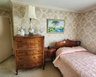 French bedroom set - Full size bed, night stand, and chest of drawers.  Has a matching vanity/mirror