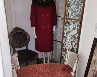 Vintage coat with fur neck piece, awesome bench and peacock screen