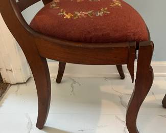 R80 - $20. Pair of Tapestry Chairs. Both need repair to legs.