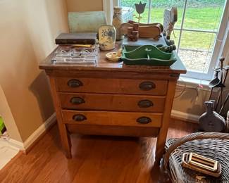R108 - $225. Antique Grain Bin with storage drawers.